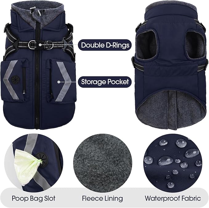 FUAMEY Winter Coat for Dogs Fleece Lined, Extra Large Cozy Dog Jacket with Harness, Turtleneck Doggy Warm Clothes Cold Weather Snow Outfits Reflective Strips, Beagle, Corgi (Dark Blue, XL)