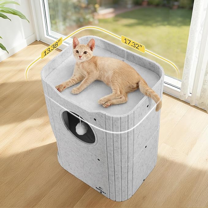 Cat House for Indoor Cats Large Cat Bed Cave 2-Storey Cats Condo with Cozy Felt Covered Hideaway for Multiple Pets Light Gray