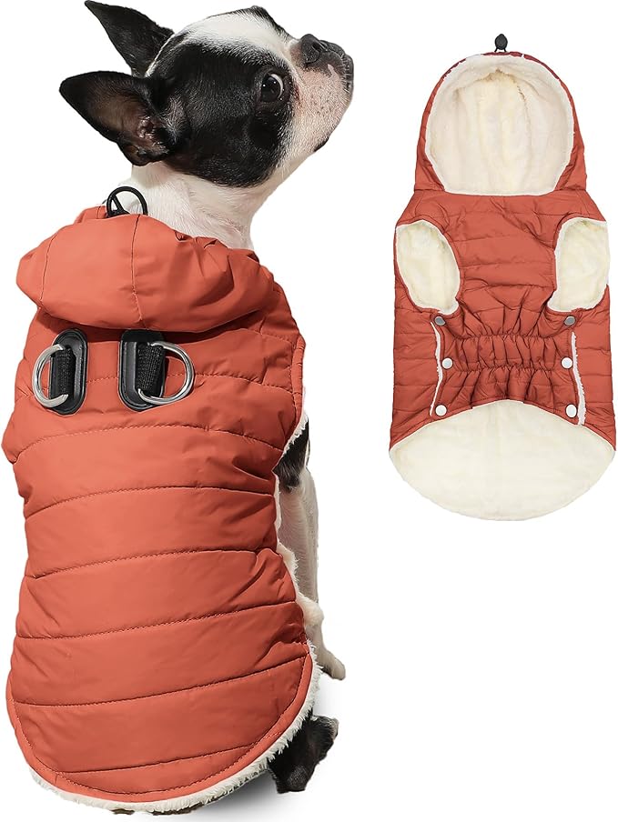 Fleece Lining Dog Hoodie with Harness Built in,Extra Warm Medium Dog Jacket in Winter Doggie Coats with Drawstring Hooded,Orange XL