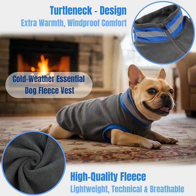 Winter Classic Warmth & Windproof Turtleneck Vest Fleece Dog Sweater, Lightweight & Ultra-Soft Coat for Large Dogs with Back-Zipper, Thermal Doggie Vests Clothes with Reflective Strips(Grey, 2XL)