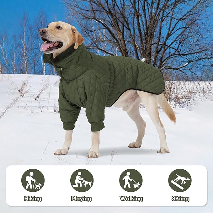 IDOMIK Dog Winter Coat for Large Dogs, Warm Dog Winter Jacket with Fleece High Collar, Zippered Cold Weather Coats for Dogs, Waterproof Doggy Snow Jacket Clothes,Green,2XL
