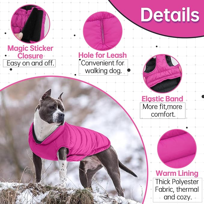 Lelepet Reversible Dog Coat Waterproof Dog Jacket Windproof Puffer Vest for Winter Warm Lightweight Coats for Small Dogs Adjustbale Hook & Loop Pet Apparel with Leash Hole, Shih Tzu, Rose Red, S