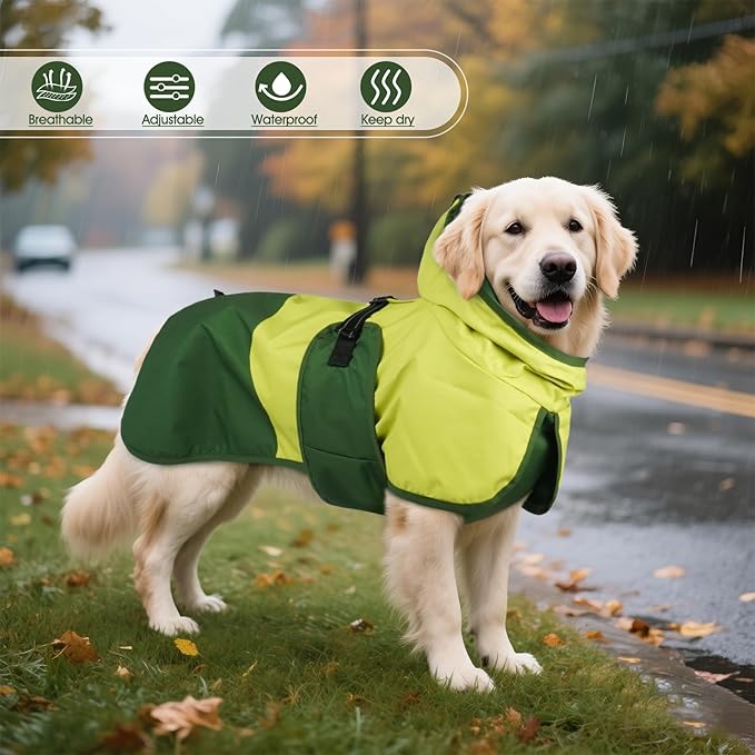 BRKURLEG Dog Raincoat for Small Medium and Large Dogs Waterproof Dog Rain Jacket Adjustable Hooded Dogs Raincoat Pet Rain Coat Poncho with Leash Hole, Reflective Strip, Green, M