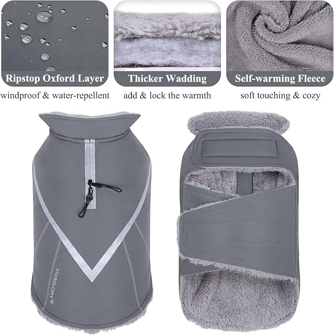 VIVAGLORY Snowrap Dog Coat, Jacket with Harness Hole & Velcro Closure, Dog Coat for Winter & Cold Weather, Fluffy Warm Fleece Lined Reflective Water Resistant for Puppy, M, Grey