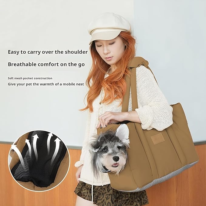 Dog Walking Bag Sling, Dog Carrier Purse with Safety Leash Clip,Warm Soft Sided Pet Carrier Purse for Small Medium Dogs Cats Portable Hands-Free Shoulder Tote for Outdoor Travel (Dark Brown)