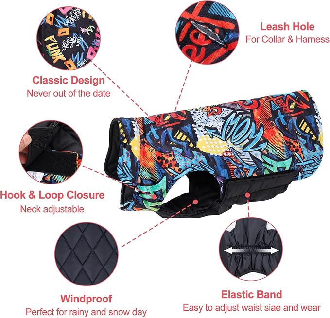 GMF Winter Dog Coat - Waterproof Windproof Reversible Jacket - Thick Adjustable Dog Cold Weather Coats - Soft Winter Coat with Leash Hole - Small to Large Sizes
