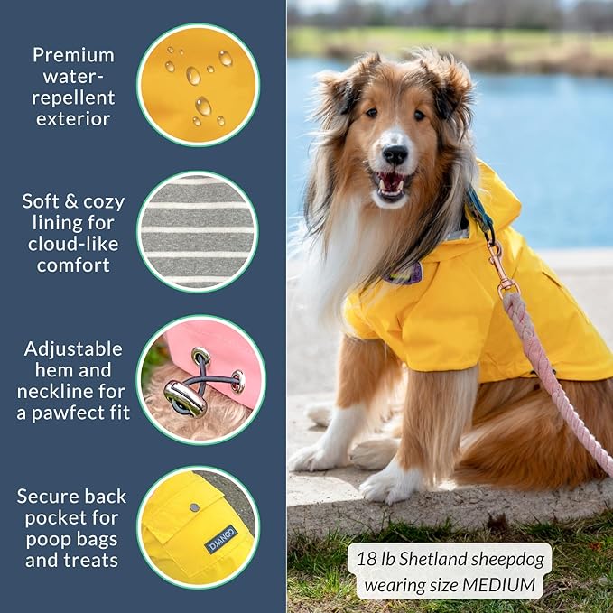 DJANGO Highland Dog Jacket & Raincoat – Water-Repellent, Lined Dog Coat with Hood, Adjustable Fit & Harness Hole – Lightweight Rain & Wind Jacket for Small & Medium Dogs up to 30 lbs (Yellow, Small)