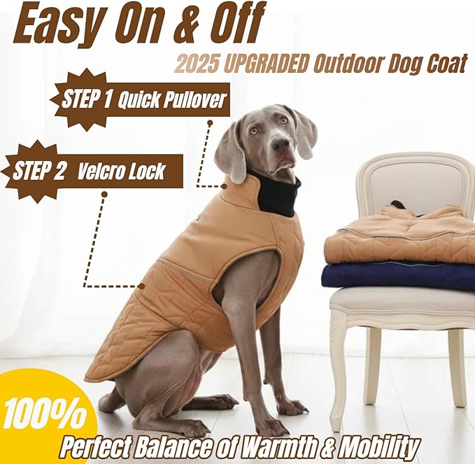Upgraded Classic Quilted Active Fit Dog Winter Coat, Waterproof & Lightweight Coats for Medium Dogs, Easy On & Off Pet Jacket Adjustable, 2-Layer Warmth Thick Fabric Pet Clothes for Bulldog(Khaki, M)