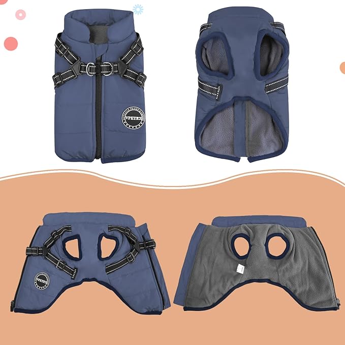 Dog Winter Coat,Warm Jacket Paded Fleece Pet Vest with Built in Harness, Windproof Reflective Cozy Adjustable Snow Pet Coat Clothes with Zipper for Small Medium Lerge Dogs