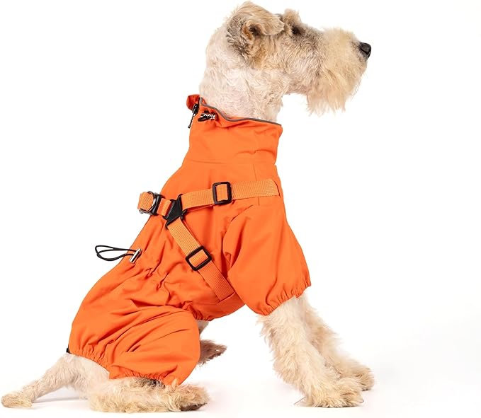 Mile High Life Waterproof Dog Raincoat, Full Coverage Small Dog Rain Coat with Harness, Adjustable 4 Legs Puppy Rain Jacket with Reflective Strip and Elastic Cuffs (Orange, M Back Length 14.6")