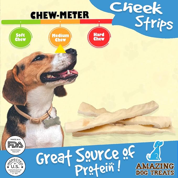 Amazing Dog Treats - Beef Cheek Strips Premium Dog Chew (6 Inch - 12 Pack) - NO Odor - Thick Cut - Rawhide Alternative - Beef Cheek Slice Chip Sticks - No Dyes, Chemicals, or Preservatives