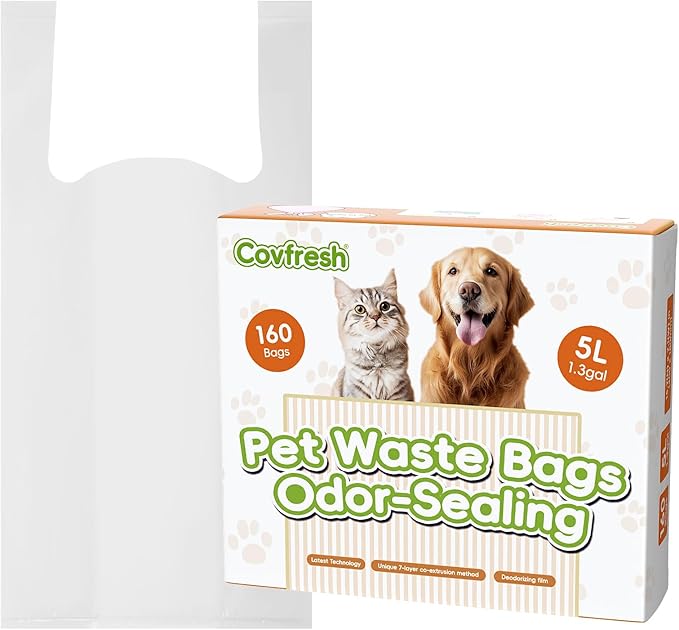 Odor-Sealing Dog Poop Bags with Handles, 160-Count Large Capacity (5L) Pet Waste Bag, Unscented Poop Bags for Dogs or Cat Litter, Conceals Smell & Mess(White)
