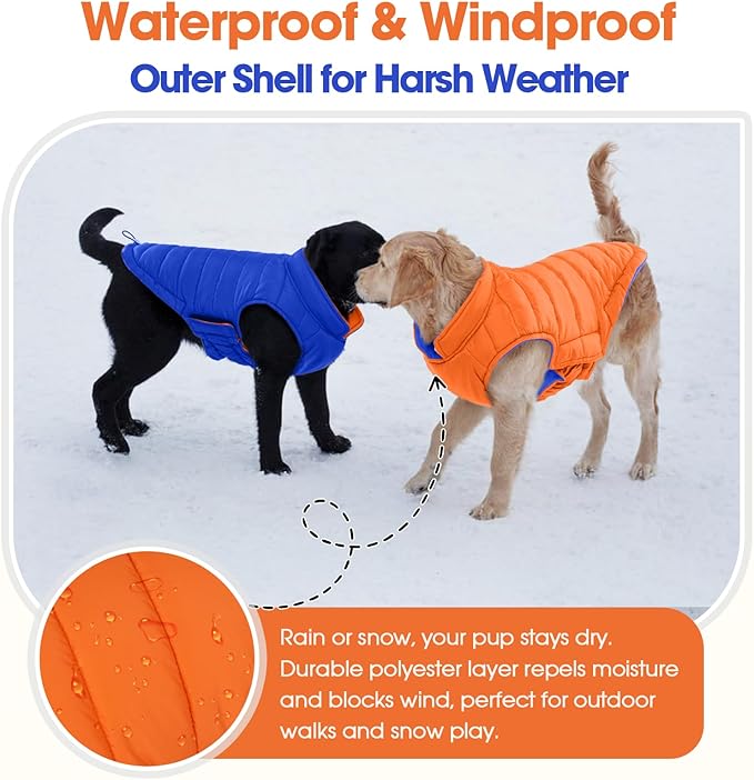 QBLEEV Reversible Dog Winter Coat, Waterproof Windproof Dog Jacket with Adjustable Fit & Leash Hole, Lightweight Warm Puffer Vest for Large Breeds, Orange, 2XL – Fits Labrador, Husky, Weimaraner