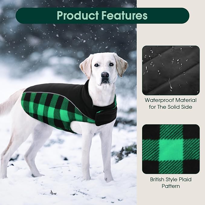 Kuoser Dog Winter Coat, Reversible Waterproof Dog Jacket with Reflective Strip, Warm Dogs Fleece Vest Adjustable Doggy Cold Weather Clothes Plaid Christmas Outfit Pet Apparel for Large Dogs, Green L
