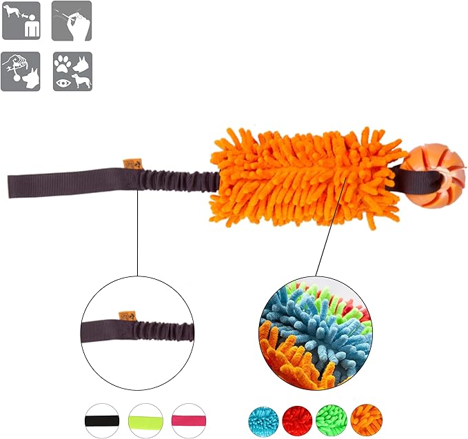 Dingo Dog tug of war toy for outdoor play traning agility,cuddly and shaggy plush tug toy for motivation and fun,soft nubby-textured noodle plush with bungee shock absorber and rubber ball orange15586