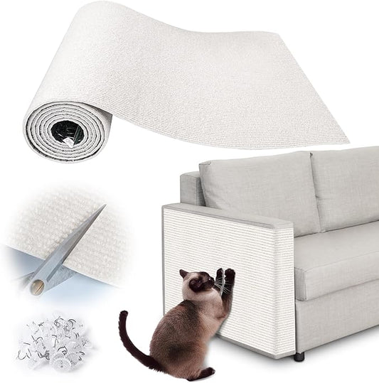 Cat Scratch Furniture Protector - 138" x 17" Trimmable Self-Adhesive Cats Claws Scratch Pads, DIY Cat Climbing Couch Protector for Scratch Post Cat Tree Replacement Indoor (Cream White)