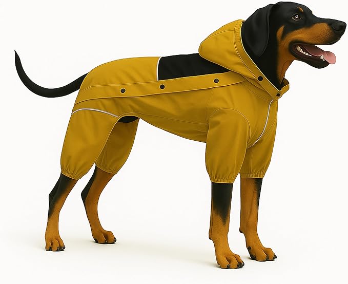 LOVELONGLONG Waterproof Dog Raincoat with Removable Hood – Outdoor Full Body Dog Jacket, Windproof Snowproof Shell Suit – All Season Pet Rain Gear Mustard Yellow 4XL