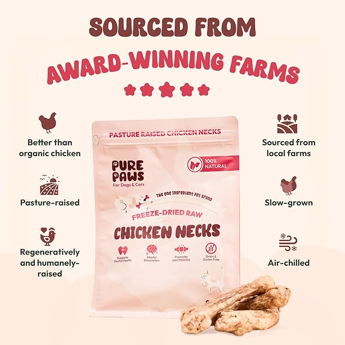 Freeze-Dried Chicken Necks for Dogs & Cats, Single Ingredient, High Protein Dog Treat, Regeneratively Raised Poultry, Grain-Free, No Additives, Supports Dental & Joint Health, 9 oz