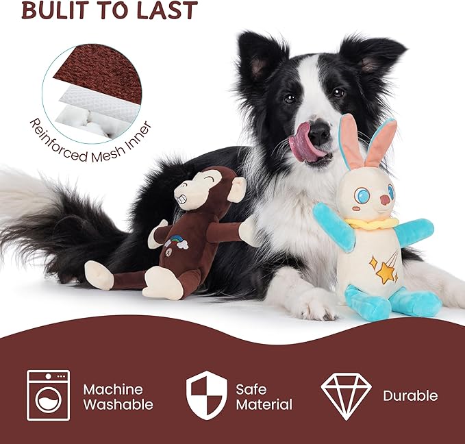 Nocciola Tearable Pull Rip Apart Monkey Dog Toy with Squeaker & Crinkle - Interactive Stuffed Plush Toy to Keep Dogs Busy, Pet Puzzle Enrichment Chew Toys for Small Medium Large Breeds