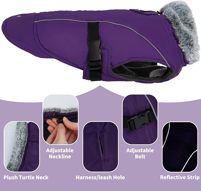 DENTRUN Small Dog Winter Warm Coat - Windproof Cozy Jacket, Thick Fleece Vest with Adjustable Belt, Water Repellent, Reflective Dog Sweater for Yorkie Dachshund Wear, Purple, S