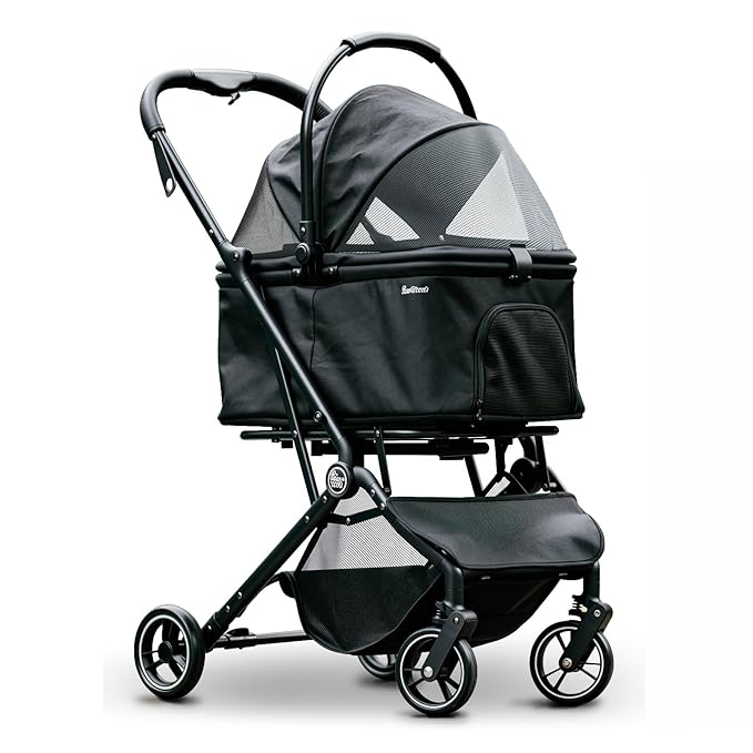 4 Wheels Pet Stroller, Dog Stroller for Small/Medium Dogs and Cats up to 33 lbs, One-Click Fold & Draggable, Removable Carrier, Zipperless Entry, Mesh Windows, Black