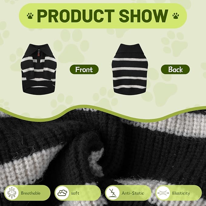 Small Dog Sweater with Zipper, Knitted Striped Pullover Dog Clothes for Cold Weather, Thick Warm Cozy Stretchy Sweater for Chihuahua, Bulldog, Dachshund, Pug(Black & White Strip, XL)