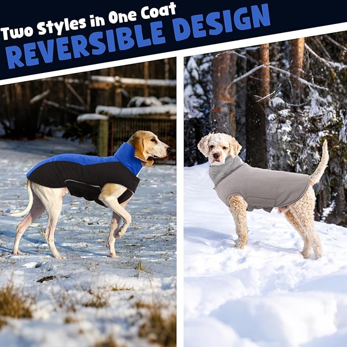 Warm Dog Coat,Waterproof Jacket in Winter Adjustable and Reversible Doggy Fleece Outfit,Thick Clothes with Foldable Collar for Puppy in Cold Days,XL RoyalBlue