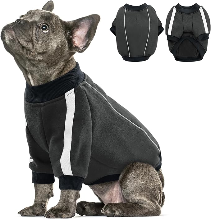 Queenmore Fleece Dog Sweater for Male Dogs, Soft Pullover Dog Sweatshirt with Leash Hole/Reflective Stripes – Cozy Winter Fleece Jacket for Small Medium Large Boy Puppy, Grey M