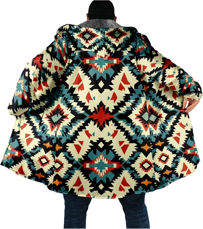 Mens Aztec Print Hoodie Heavyweight Cotton Fleece Jacket Zip Up Warm Long Sleeve Hooded Winter Midi Coat