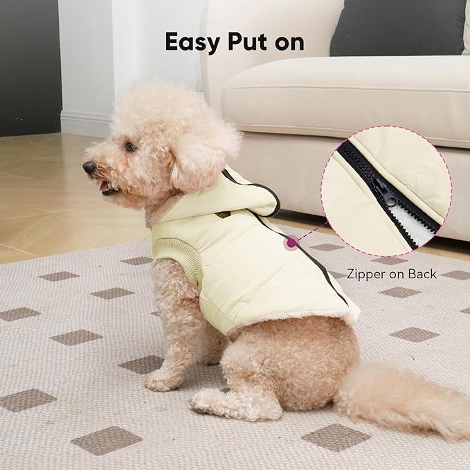 Fleece Lining Dog Hoodie with Harness Built in,Extra Warm Small Dog Jacket in Winter Puppy Coats with Hooded,Light Yellow S