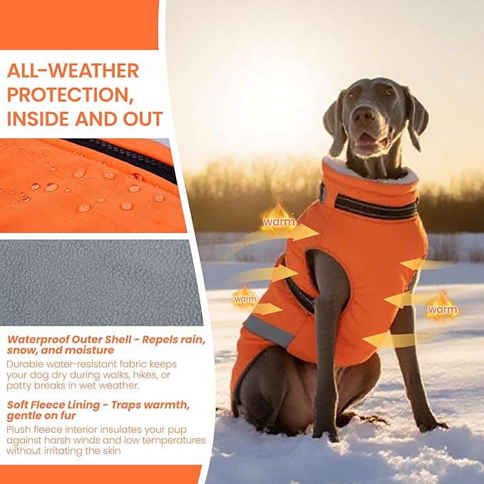 QBLEEV Large Dog Coat, Dog Winter Jacket for Large Dogs, XX-Large Waterproof Cold Weather Vest with Built-in Harness, Zipper & Reflective, Windproof Thick Warm Fleece Snowsuit Clothes, Orange, XXL