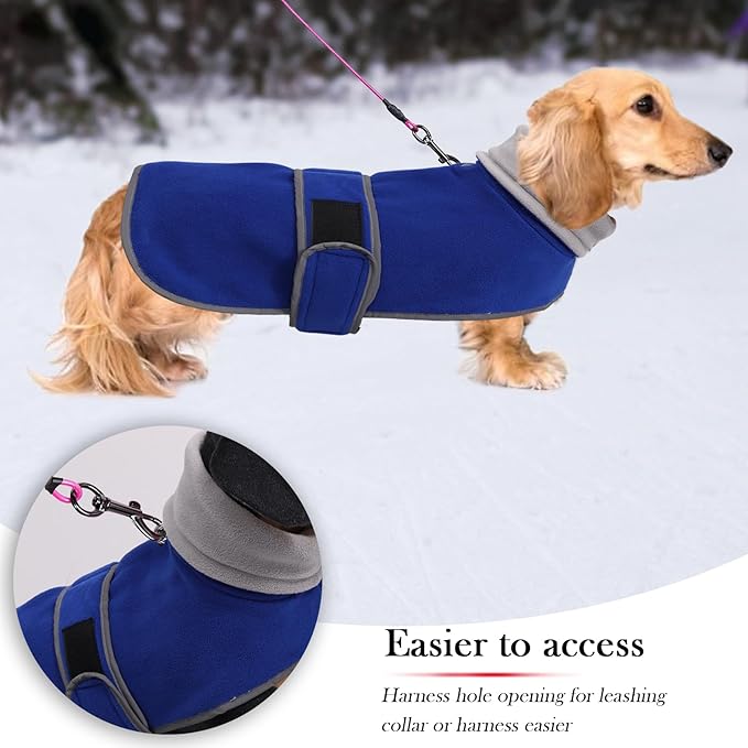 Geyecete Dachshund Sweaters - Dog Jacket, Dachshund Coat Perfect Winter Coat with Padded Fleece Lining and High Collar, Snowsuit with Adjustable Bands - Blue - XS