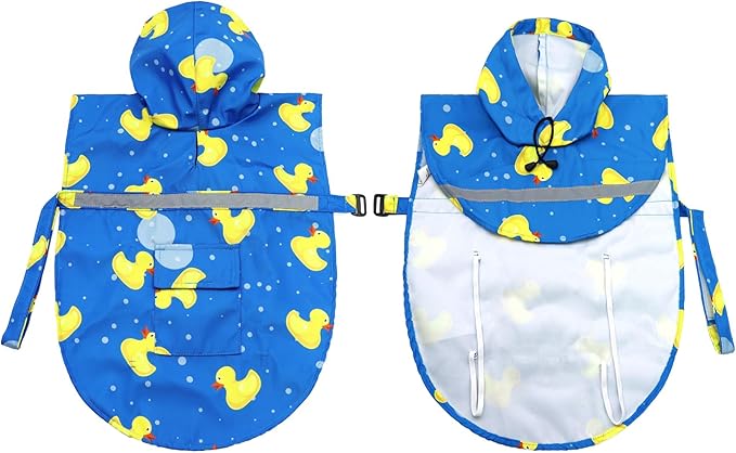 NACOCO Large Dog Raincoat Adjustable-Pet Rubber Ducks Yellow Water Proof Clothes Lightweight Rain Jacket Poncho Hoodies with Strip Reflective Blue (Blue L, Yellow Duck)