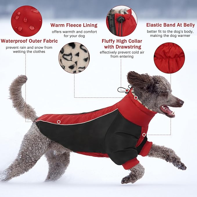 IDOMIK Reversible Dog Winter Coat, Thick Warm Dog Coat with Leopard Fleece Lining&Zipper, Adjustable High Collar Waterproof Jacket, Reflective Pet Cold Weather Coats for Large Dogs,Red,2XL