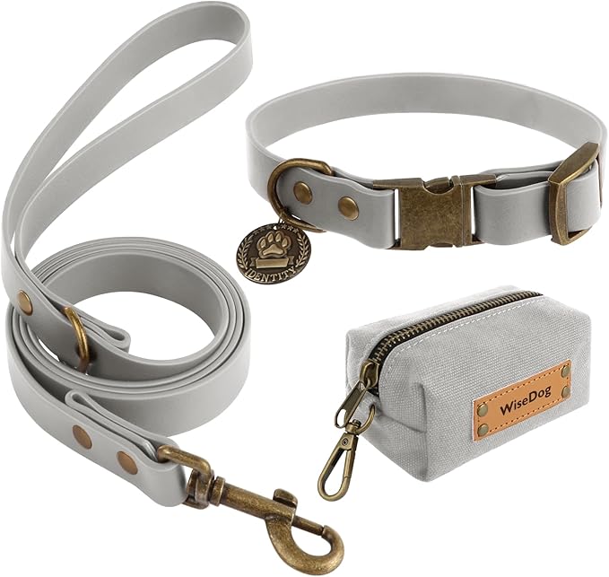 Wisedog Dog Collar and Leash Set, Waterproof Adjustable Puppy Collars with Cute Tag 6FT Dog Leash with Poop Bag for Small Medium Large Dogs (M(Collar:12"-18";Leash:5 ft), Grey)