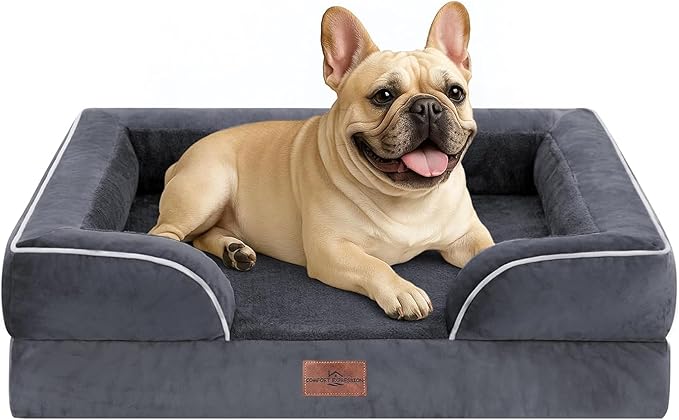 Comfort Expression Orthopedic Dog Bed for Medium Dogs 28x19 Inch, Waterproof Supportive Egg Crate Foam Medium Pet Bed with Removable Bolster, Dog Couch with Washable Cover & Non-Slip Bottom, Dark Grey