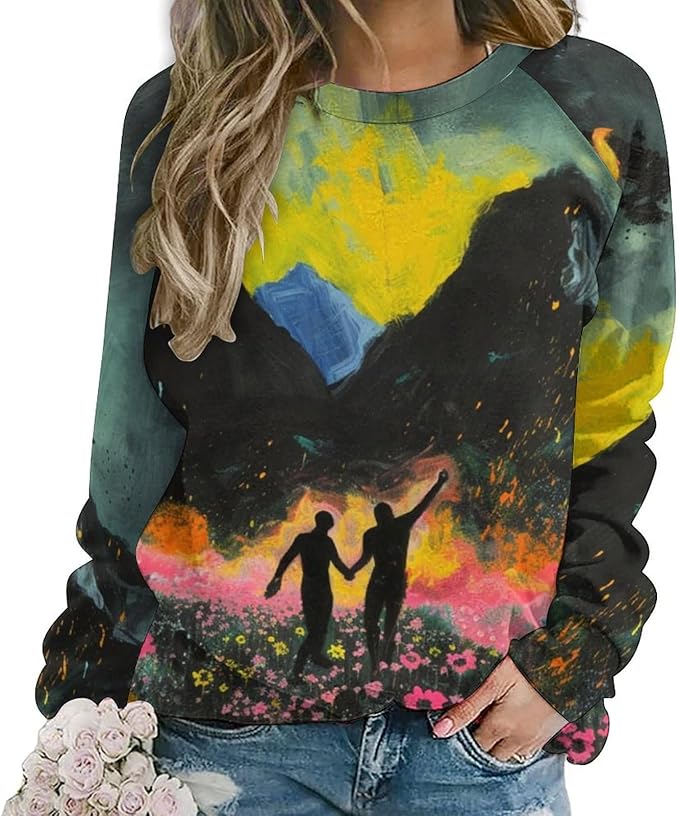 Long Sleeve Shirts for Women Cat Oil Painting Shirt 3D Graphic Sweatshirts Fall Pullover Crewneck Vintage Boho Tops