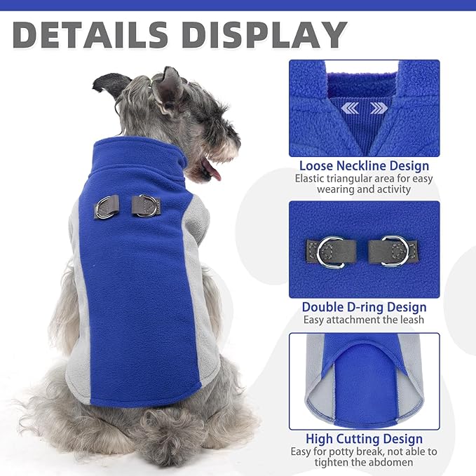 KOOLTAIL Small Dog Sweater - Dog Fleece Vest Jacket with Leash D-Ring for Small Medium Dogs, Soft Pullover Winter Warm Cold Weather Coats, Pet Fall Clothes Outfit for Puppy Cat Boys&Girls, Blue S