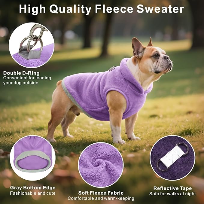 Idepet 2 Pack Dog Fleece Vest Sweater Warm Pullover Jacket with D-Ring Leash Reflective Winter Coat Hoodie for Puppy Cat French Bulldog Pug Chihuahuas Yorkies Dachshunds(Purple&Pink,X-Small)