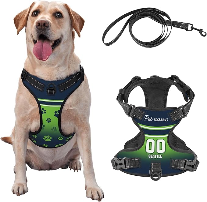 Custom Seattle Dog Harness with Reflective Stripes Personalized Name and Number Dog Vest Harness with Pet Traction Rope for Small Medium Large Dog