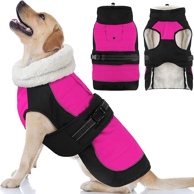 Dogcheer Waterproof Dog Coat, Christmas Dog Winter Jacket, Adjustable Puppy Fleece Coat for Cold Weather, Reflective Turtleneck Snow Jacket for Small Medium Large Dogs - Pink, M