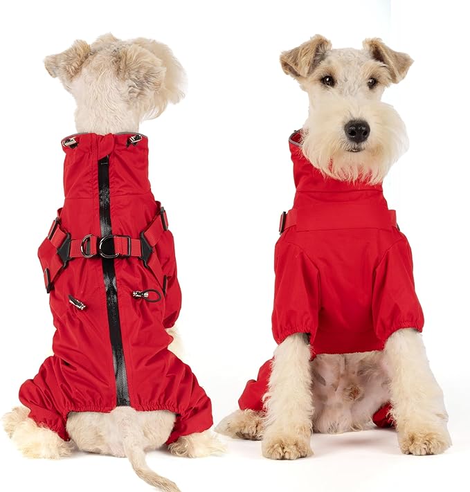 Mile High Life Waterproof Dog Raincoat, Full Coverage Small Dog Rain Coat with Harness, Adjustable 4 Legs Puppy Rain Jacket with Reflective Strip and Elastic Cuffs (Red, XS Back Length 11.4")