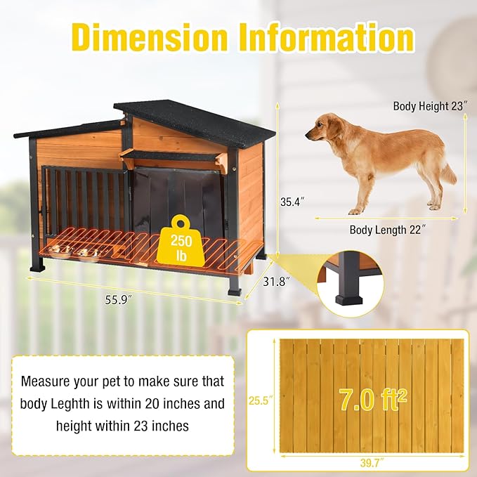Chew-Resistant Dog House with Metal Frame, Wooden Kennel for Indoor & Outdoor Use, Waterproof Roof & Feeding Bowls Included (Wood, XL-in)