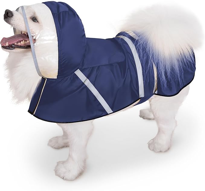 Dog Raincoat, Adjustable Rain Jacket with Hooded Double Layer for Large Medium Small Dogs Puppies, Lightweight Waterproof Rain Coat Poncho with Reflective Stripe Navy,XL