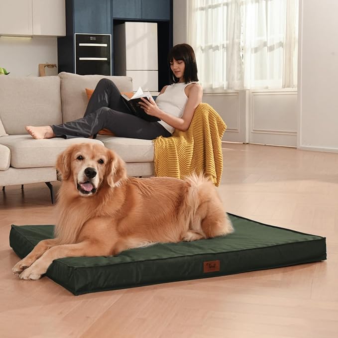 Outdoor Dog Bed for Small Dogs & Cats, Waterproof Dog Crate Mat Orthopedic Egg Crate Foam with Washable Removable Oxford Cover, Dark Green