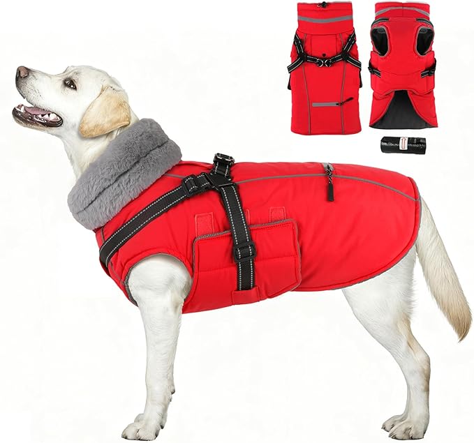 PETDSH Dog Coat Large, Built-in Harness Dog Jacket with Warm Fleece Lining, Waterproof Reflective Dogs Winter Coat, Pet Coats with Pocket and Trash Bags (Red, X-Large)