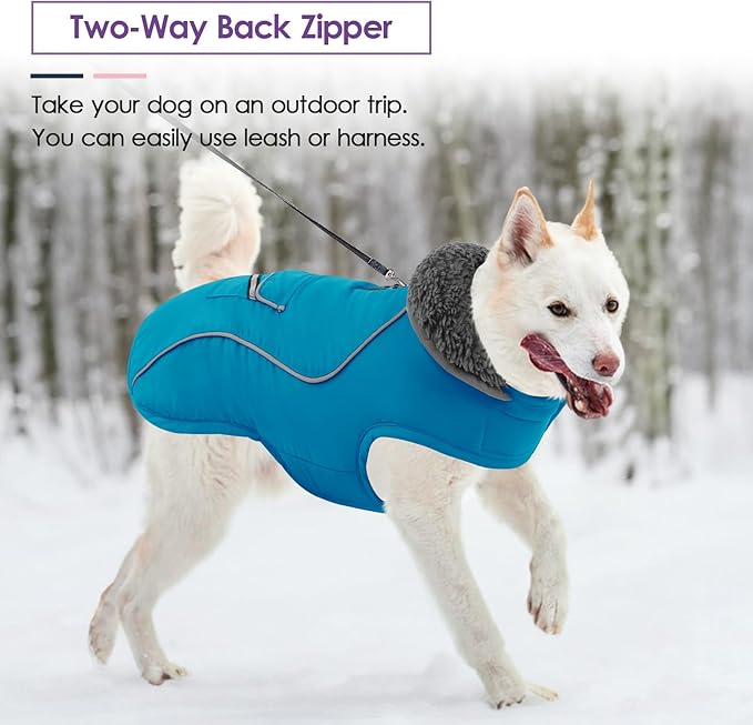 SUNFURA Small Dog Coat, Warm Dog Jacket with Zippered Leash Hole, Reflective Pet Winter Coat Fleece Jacket with Adjustable Furry Collar for Small Dogs Schnauzer, Yorkshire Terrier, Turquoise S