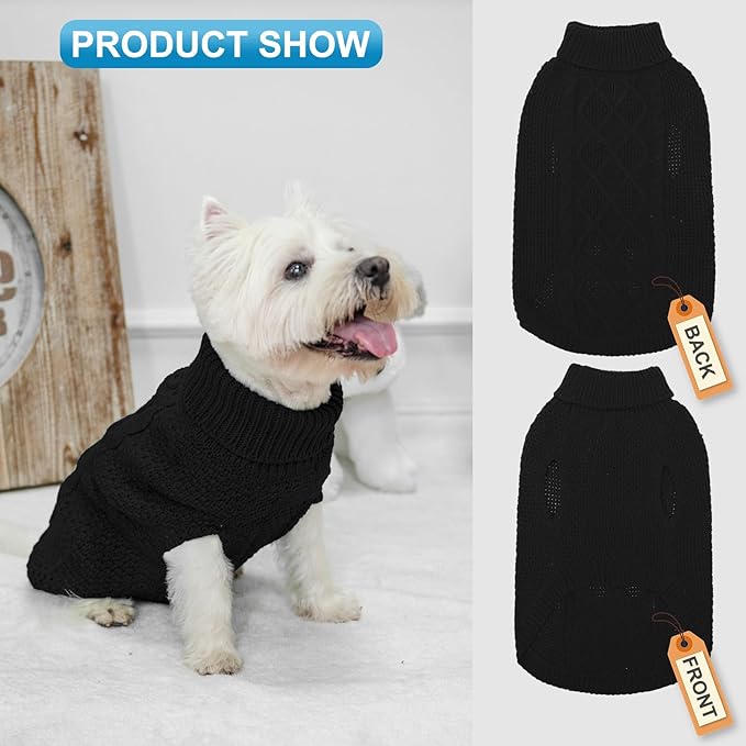 Mihachi Turtleneck Dog Sweater - Winter Coat Apparel Classic Cable Knit Clothes with Leash Hole for Cold Weather, Ideal Gift for Pet in New Year Black Small/Medium