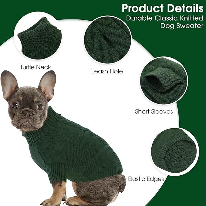 Dog Sweaters for Small Dogs Classic Turtleneck Dog Christmas Sweater Thick Warm Pullover Male Puppy Pet Stretch Knitwear Fall Winter Clothes with Leash Hole(Green, XS)