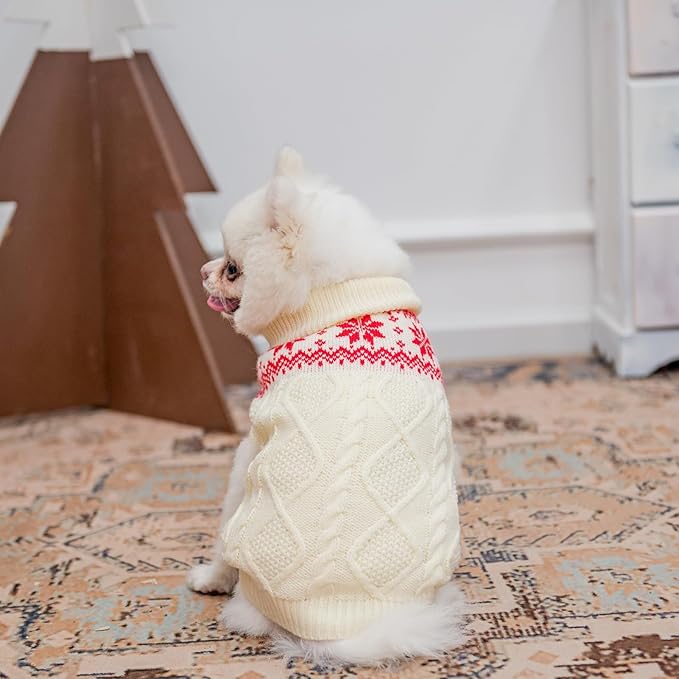 Warm Winter Pink Dog Sweater - Cold Weather Pet Clothes for Small Medium Large Dogs Indoor Outdoor, Soft Classic Knit Puppy Apparel Coat, White, ML